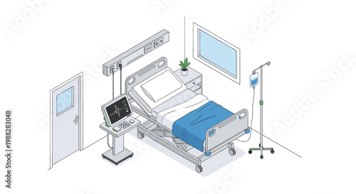 A serene isometric hospital room scene featuring a modern adjustable patient bed and vital sign monitor placed against a clean white wall background.