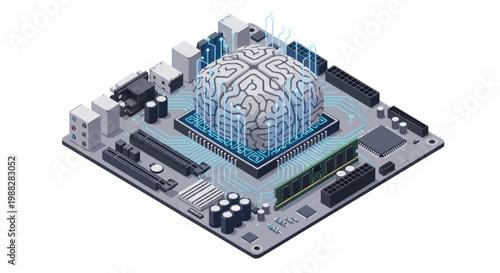 A complex isometric motherboard featuring a central human brain processor integrated with glowing blue circuit pathways on a dark gray hardware component base.
