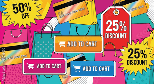 Retail Frenzy: Dynamic design showcasing the thrill of online shopping, discounts, credit cards, and shopping bags, igniting the passion of consumers to add to cart and indulge in retail therapy
