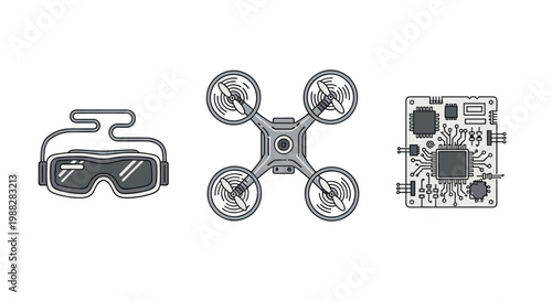 A meticulous flat icon set featuring a virtual reality headset alongside a quadcopter drone and a detailed electronic circuit board on a white background.