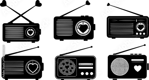 Black silhouette retro radio flat vector illustrations, each featuring heart shaped antennas or heart details on tuning, isolated on white background
