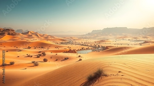 cyma. Mirage of an oasis over a desert landscape with heat distortion effect. ESG reports, sustainability campaigns, designed for sustainability communications and ESG reporting.