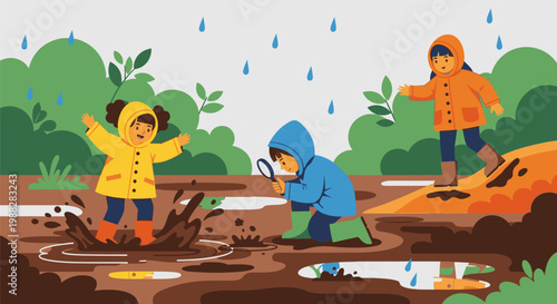 Children play in a muddy puddle on a rainy day outside