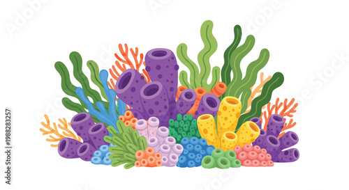 A detailed central cluster features large purple tube sponges surrounded by flowing green seaweed and various small orange and yellow coral formations on white.