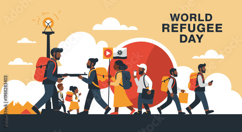 Refugees walking together on World Refugee Day with luggage and hope