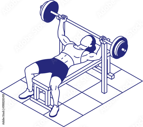 Strong woman performing bench press exercise with a barbell on a gym bench. Fitness workout process. Outline isometric vector illustration for sport