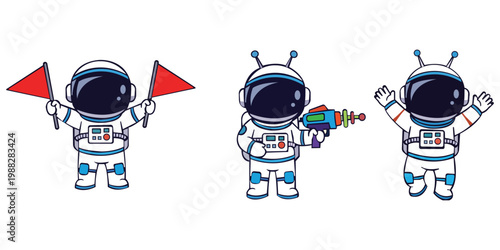Astronaut Trio in Space: A collection of charming cartoon astronauts, each engaged in unique activities with flags, laser gun, and expressive gestures, ready for any intergalactic adventure.