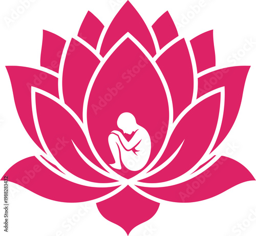 Fetus embryo within a pink lotus flower, symbolizing life, birth, and pregnancy. Vector illustration for maternity, health, fertility concept