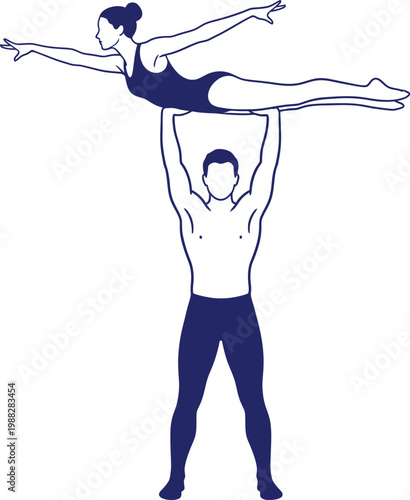 Man lifting woman in an acrobatic pose. Artistic gymnastics, fitness, and balance concept. Simple outline vector illustration for sport design