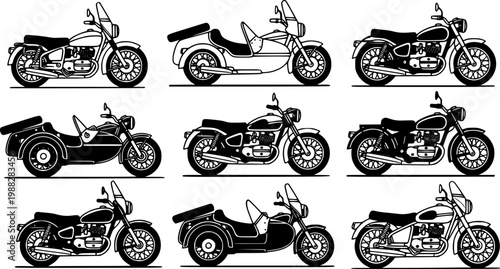 Set of classic vintage motorcycles and retro sidecar rigs, depicted in a clean flat vector illustration style,, isolated on white background
