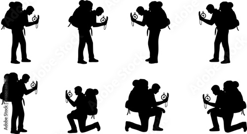 Flat vector illustration of black silhouette male figures, including hikers and travelers, consulting compasses for, isolated on white background
