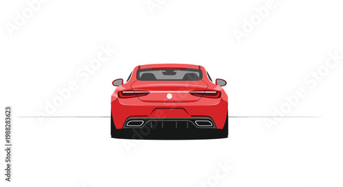 A vibrant red sports car with a wide stance and dual exhaust pipes is depicted from a direct rear perspective against a minimalist white background.