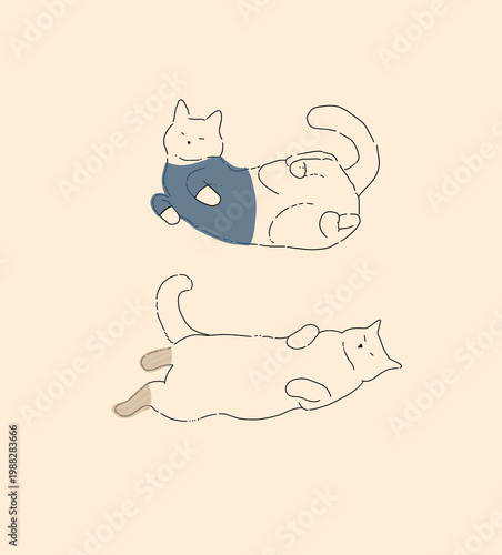 Minimalist Whimsical Cats in Blue Sweater and Socks Illustration