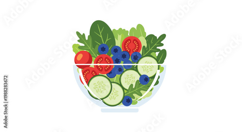 A vibrant and healthy salad bowl features fresh green lettuce leaves sliced red tomatoes crisp cucumbers and juicy dark blue blueberries on a white background.