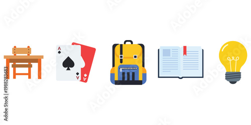 Study Essentials: A collection of essential study tools and items, including a desk, a deck of cards, a backpack, an open book with a bookmark, and a light bulb