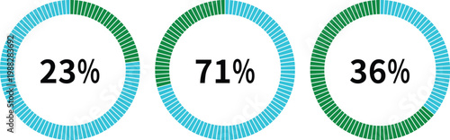 Business and finance infographic elements with charts, arrows, percentage circles and growth graphs in green and blue colors on white background, ideal for data visualization designs.