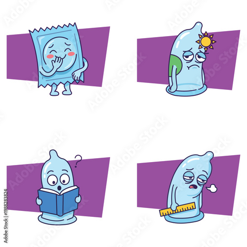 Condom Emotions: Expressive illustrations of condoms with diverse emotional expressions, capturing the multifaceted aspects of health and relationships.