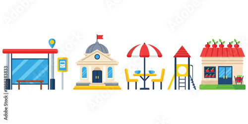 Urban Oasis: A charming collection of essential urban amenities, including a bus stop, a classic building, an outdoor cafe, a playground, and a quaint shop.