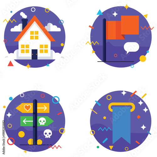 Symbolic Visuals: A collection of vibrant graphic symbols, each a standalone vignette, representing a journey and elements of home, navigation, and aspirations.