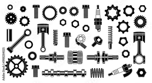 Detailed black and white illustrations of combustion engine components including pistons and camshafts are presented on a stark white background.