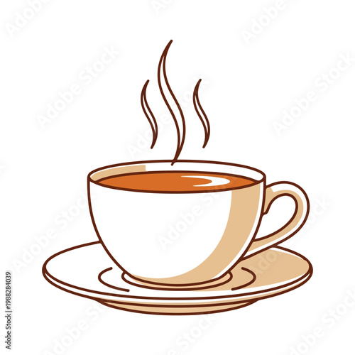 Vector illustration of a hot coffee cup icon with steam, featuring a brown espresso mug of tea or cappuccino on a saucer, perfect for a cafe restaurant breakfast beverage symbol