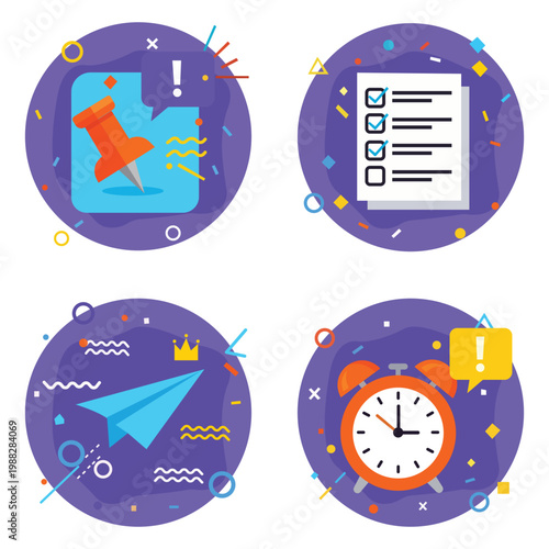 Task Management Icons: A vibrant collection of modern icons encapsulates the essence of task management, featuring a pushpin, to-do list, paper plane, and alarm clock within playful circles.