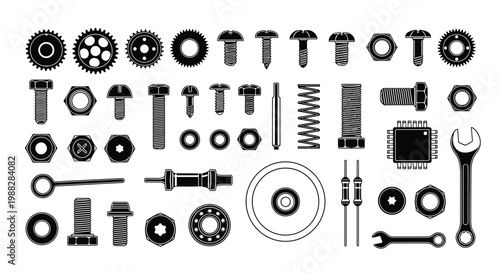 Meticulous black and white silhouettes of various industrial fasteners including bolts and springs are organized across a pristine white background.