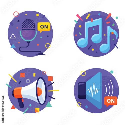Music Icon Set: A collection of vibrant icons, featuring a microphone, musical notes, megaphone, and speaker. Showcasing elements of sound, broadcasting, and entertainment.