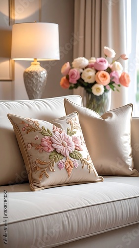 Cozy living room with floral cushions.