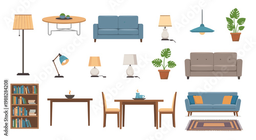 Vibrant collection of interior design elements featuring colorful sofas and diverse lighting fixtures alongside wooden dining tables and lush green potted house plants.