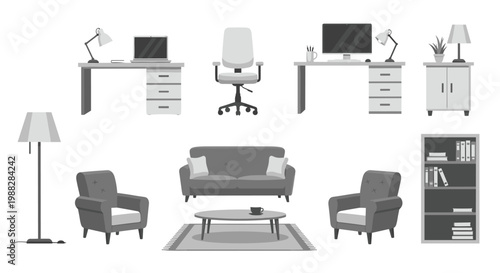 Extensive collection of grayscale furniture icons featuring modern office desks and comfortable living room seating arrangements arranged neatly on a white plane.