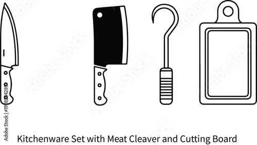 A vector set of professional kitchen knives and metal tools with sharp steel blades and wooden handles isolated on a white background as an essential utensil equipment set