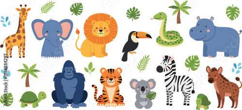 Cartoon Jungle and Safari Animals Including Giraffe, Elephant, Lion, Tiger, and More for Kids, Wildlife, and Nature Themes