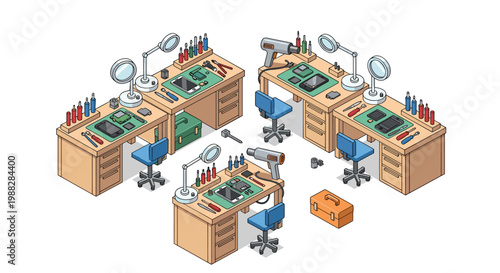 Meticulous isometric illustration of multiple wooden electronic repair stations equipped with blue swivel chairs and bright magnifying lamps on a white backdrop.