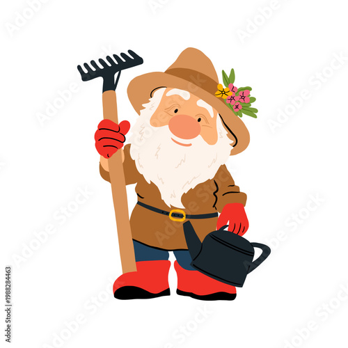 A cute garden gnome holding a watering can and rake. This fun gardener character is perfect for spring gardening, children's illustrations, stickers, and nursery decor. Vector illustration 