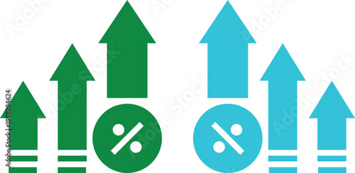 Business and finance infographic elements with charts, arrows, percentage circles and growth graphs in green and blue colors on white background, ideal for data visualization designs.