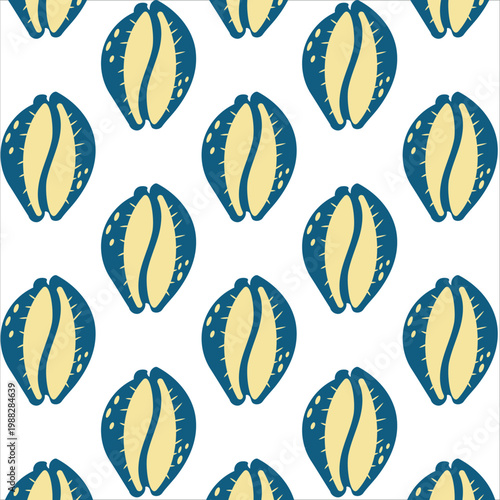 Cowrie shell seamless pattern. Vector marine background with yellow and blue seashells, repeating nautical ornament for textile, wallpaper and ocean style design.