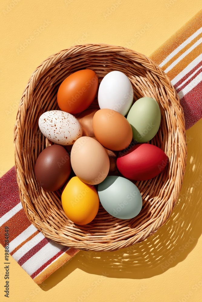Fototapeta premium Colorful Easter eggs in a woven basket on a yellow background with a striped towel
