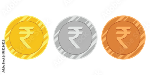 Indian Rupee Coins: Three stylized Indian rupee coins, each reflecting a different metal – gold, silver, and bronze, showcasing the symbol of Indian currency and embodying wealth and value. 