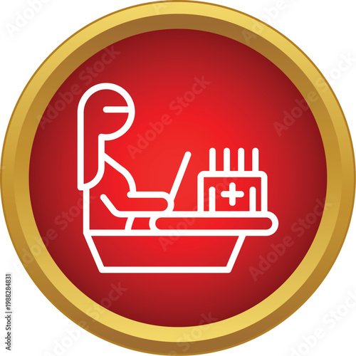 Pharmacist dispensing medication and using a laptop in a red and gold circular icon