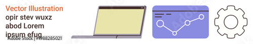 Digital business, data analysis, technology workflows, automation, IT service, software design. Laptop, analytics graph gear icon. Data analysis and technology workflows concepts