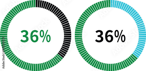 Business and finance infographic elements with charts, arrows, percentage circles and growth graphs in green and blue colors on white background, ideal for data visualization designs.
