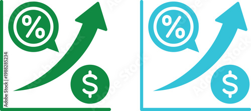 Business and finance infographic elements with charts, arrows, percentage circles and growth graphs in green and blue colors on white background, ideal for data visualization designs.