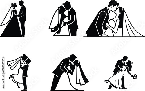black and white silhouettes of couples in various romantic poses on white background