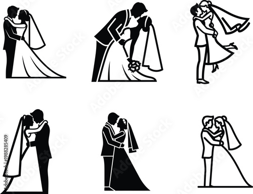 black and white silhouettes of couples kissing and embracing on white background