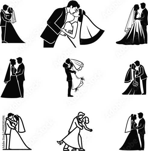 black and white silhouettes of couples on their wedding day
