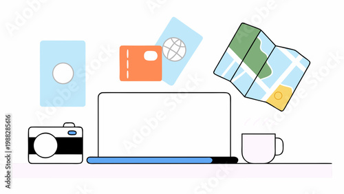 Minimalist flat icons for travel and work displayed around a laptop and coffee cup.