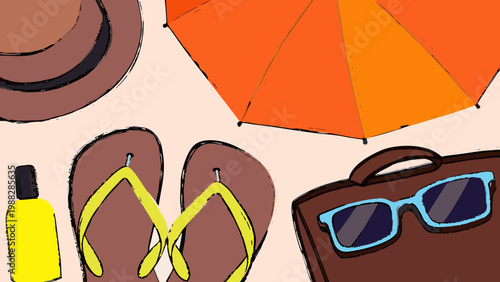 Illustrated beach vacation accessories including flip-flops, sunglasses, sunscreen, and umbrella.