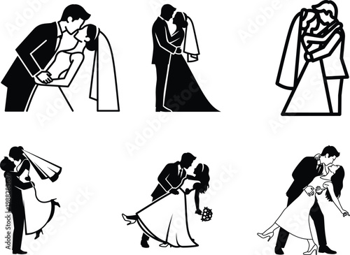 couples in love romantic wedding kisses and hugs in various poses