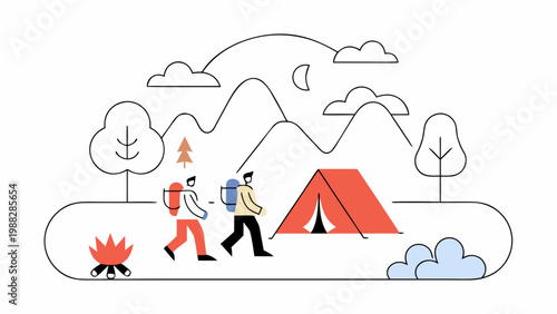 Camping duo explores a scenic mountain landscape with a tent and campfire under a starry sky.